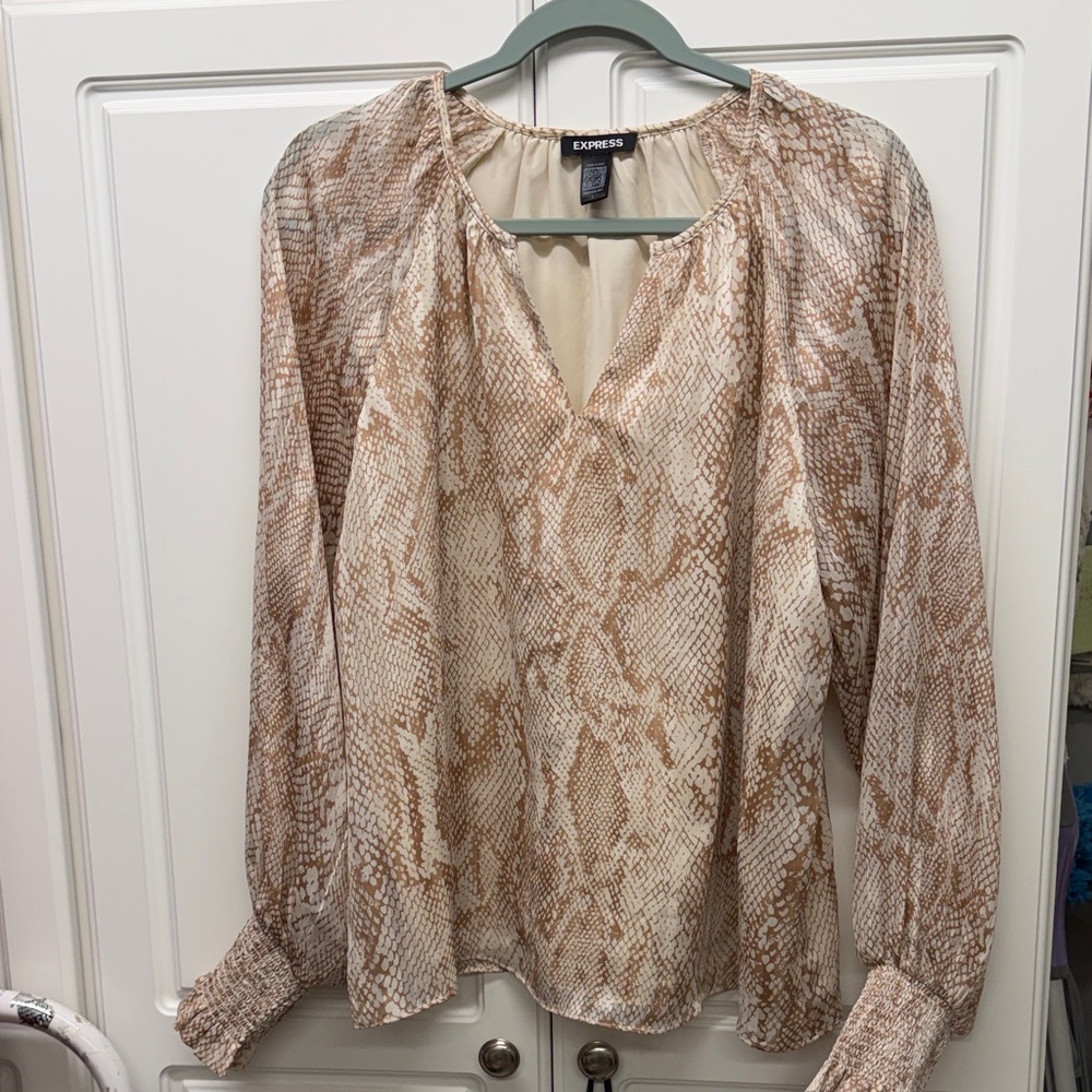 Express Sheer Snake-Print Blouse in Cream and Tan